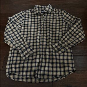 Lands' End Men’s L/T Plaid Flannel Button-Down Shirt Beige Navy  Fisherman